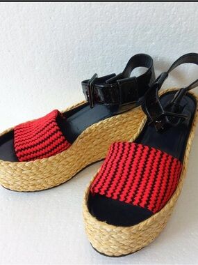 Celine Red and Black Woven Platform Espadrilles